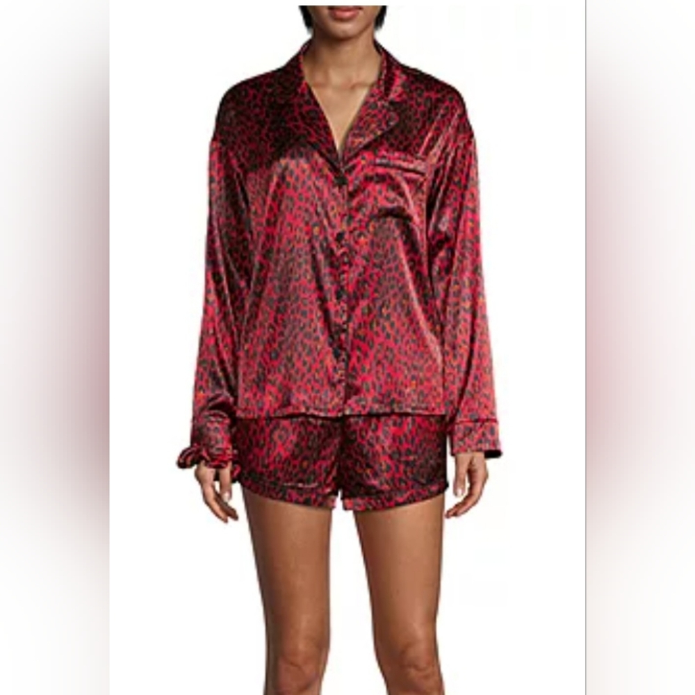 Ambrielle 3 Piece Pajama Set, Short Set & Scrunchie, Red & Black Leopard Print